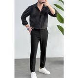 Erkek Flam Çizgili Oversize Keten Gömlek - Siyah - Gri