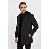 Erkek Füme Yün Karışımlı Kaşe Kapüşonlu Önü Fermuarlı ve Düğmeli Kaban - 4XL - Gri
