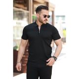 Erkek Göğüs Pirinç Desenli Fermuar Yakalı Kısa Kollu Tişört - Siyah - 2XL