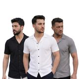 Erkek Gömlek Waffle 3’lü Set Siyah Beyaz Gri, Kısa Kollu Açık Yakalı Düğmeli Regular Fit Yazlık Günlük Erkek Gömlek (3, Siyah Beyaz Gri, M)
