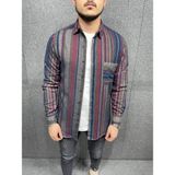 Erkek Gri-Bordo Çizgili Slim-Fit Gömlek - XL