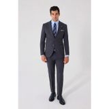 Erkek Gri Dar Kesim Slim Fit %100 Yün Mono Yaka Çizgili Çift Yırtmaçlı 6 Drop Takım Elbise