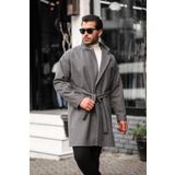 Erkek Gri Kemerli Oversize Rahat Kesim Kaşe Kaban