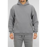 Erkek Gri Oversize Kapüşonlu Sweatshirt 3 iplik Şardonlu Kanguru Cepli
