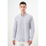 Erkek Gri Pamuk Çizgili-Panolu Italyan Yaka Slim Fit Gömlek - XL