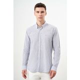 Erkek Gri Pamuk Çizgili-Panolu İtalyan Yaka Slim Fit Gömlek