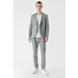 Erkek Gri Poliviskon Trend Çizgili Desen Slim Fit Mono Yaka Takım Elbise