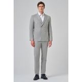 Erkek Gri Poliviskon Trend Çizgili Slim Fit Sivri Yaka Kruvaze Takım Elbise - 6 Drop - 44