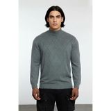Erkek Gri Regular Fit Yarım Fermuarlı Dik Yaka Baklava Triko Kazak Kışlık Günlük Şıklık İçin -Gri-3XL