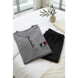 Erkek Gri Viskon Karışımlı Uzun Kollu Düğmeli Biyeli Soft Pijama Takımı