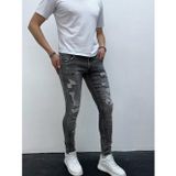 Erkek Gri Yıkamalı Yırtık Detay Slim Fit Likralı Skinny Jean Pantolon