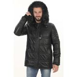 Erkek Günlük Şıklık Için Derimont Parka Erkek Hakiki Kuzu Derisi Mont Kapüşonlu Kürklü Kaban - Siyah - 5XL