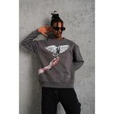 Erkek Güvercin Baskılı 3 Iplik Pamuklu Bisiklet Yaka Sweatshirt - Gri
