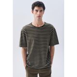 Erkek Haki Çizgili Comfort Fit Bisiklet Yaka T-Shirt