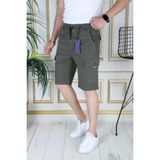 Erkek Haki Likralı Gabardin Şort Kargo Cepli Pamuklu Beli Lastikli Bağcıklı Basic Şort - 30