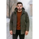 Erkek Haki Slim Fit Çıkarılabilir Kapüşonlu Kürk Astarlı Su Geçirmez Kaplamalı Kalın Kaban