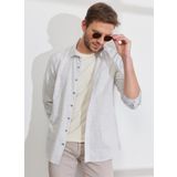 Erkek Haki Slim Fit Dar Kesim %100 Pamuk Klasik Yaka Çizgili Gömlek