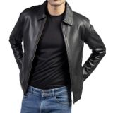 Erkek Hakiki Deri Zik Spor Ceket, Gömlek Yaka, Siyah, Dar Kesim, Fermuarlı (Siyah, 4XL)