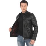 Erkek Hakiki Kuzu Derisi Ceket Siyah Biker Mont Kapitone Kollu Slim Fit El Yapımı Şık Deri Ceket