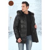 Erkek Hakiki Kuzu Derisi Kışlık Parka Kapüşonlu Kürklü Deri Mont Şişme Mont Deri Kaban - Siyah - XL