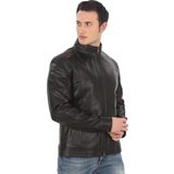 Erkek Hakiki Kuzu Derisi Mont Slim Fit Siyah Biker Ceket Fermuarlı Dik Yaka Deri Dış Giyim