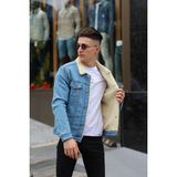 Erkek Içi Kürklü Denim Kot Ceket - XL - Buz Mavi