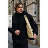Erkek Içi Kürklü Kapşonlu Kışlık Siyah Bol ceket - 3XL