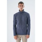 Erkek Indigo Balıkçı Yaka Yürütme Saç Örgülü Yün Triko Örme Kazak TRIST-5338 - XL - İndigo
