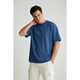 Erkek İndigo Mavi Oversize Bisiklet Yaka %100 Organik Pamuk Düz Basic Yazlık T-Shirt - Indigo Mavi - 2XL
