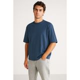 Erkek İndigo Mavi Oversize Bisiklet Yaka %100 Organik Pamuk Düz Basic Yazlık T-Shirt - Indigo Mavi