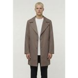 Erkek Kahve Geniş Kesim Oversize Fit Pamuklu Dokuma Yan Cepli Orta Boy Ceket Yaka Trençkot