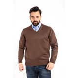 Erkek Kahverengi Ince Yün Triko V Yaka Triko Kazak