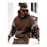 Erkek Kahverengi Kol Desenli Oversize Kapşonlu Sweatshirt
