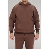 Erkek Kahverengi Oversize Kapüşonlu Sweatshirt 3 iplik Şardonlu Kanguru Cepli