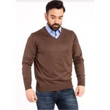 Erkek Kahverengi V Yaka Ince Yün Triko Kazak - L