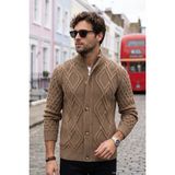 Erkek Kalın Örgü Triko Hırka Düğmeli ve Fermuarlı Cepli Klasik Kalıp - 5248M - 2XL - Toprak