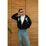 Erkek Kapüşonlu 3 İplik Şardonlu Önü Baskılı Fermuarlı Oversize Sweatshirt - Siyah