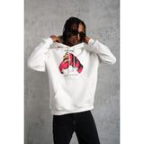 Erkek Kapüşonlu Cepli Boks Eldiven Baskılı 3 Iplik Sweatshirt Hoodie - Beyaz - 2XL