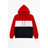 Erkek Kapüşonlu Cepli İçi Polarlı Parçalı Kırmızı Sweatshirt