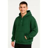 Erkek Kapüşonlu Hoodie Cepli Çıtçıtlı 3 İplik Pamuklu Sweatshirt - Haki