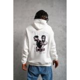 Erkek Kapüşonlu Kanguru Cepli Sweatshirt 3 İplik Pamuklu Baskılı Hoodie - Beyaz