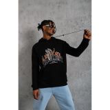 Erkek Kapüşonlu Kanguru Cepli Sweatshirt 3 İplik Pamuklu Baskılı Hoodie - Siyah