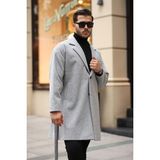 Erkek Kemerli Oversize Rahat Kesim Kaşe Kaban - XL - Açık Gri