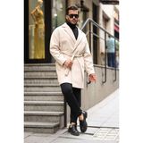 Erkek Kemerli Oversize Rahat Kesim Kaşe Kaban - XL - Bej