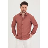 Erkek Kendinden Çizgi Detaylı Slim Fit Dar Kalıp Uzun Kol Gömlek - Gül Kurusu - XL