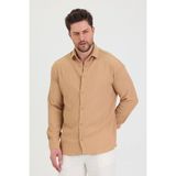 Erkek Kendinden Çizgi Detaylı Slim Fit Dar Kalıp Uzun Kol Gömlek - Krem