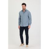 Erkek Kendinden Çizgi Detaylı Slim Fit Dar Kalıp Uzun Kol Gömlek - Mavi - 2XL