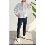 Erkek Keten Çizgili Yeni Sezon Oversize Gömlek - 2XL