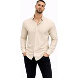 Erkek Keten Kumaş Oversize Uzun Kollu Rahat Kalıp Gömlek - Bej - 2XL