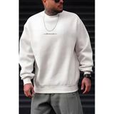 Erkek Kırık Beyaz Krem Ekru Dreamer Baskılı 0 Sıfır Yaka Oversize Salaş Bol Kesim Polar Sweatshirt